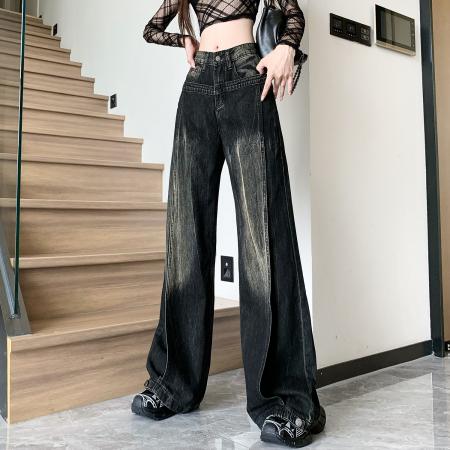 FA54492# 美式高街阔腿牛仔裤女新款复古高腰辣妹宽松直筒拖地长裤  服裝批發女裝批發服飾貨源