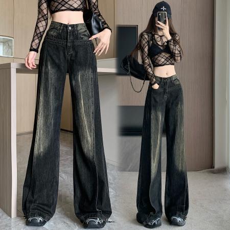 FA54492# 美式高街阔腿牛仔裤女新款复古高腰辣妹宽松直筒拖地长裤  服裝批發女裝批發服飾貨源