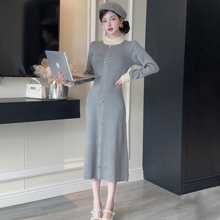 FA54493# 名媛钉珠黑色打底针织长裙大码秋冬法式复古显瘦毛衣连衣裙  服裝批發女裝批發服飾貨源