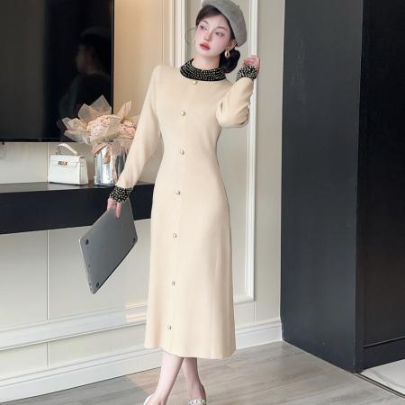 FA54493# 名媛钉珠黑色打底针织长裙大码秋冬法式复古显瘦毛衣连衣裙  服裝批發女裝批發服飾貨源