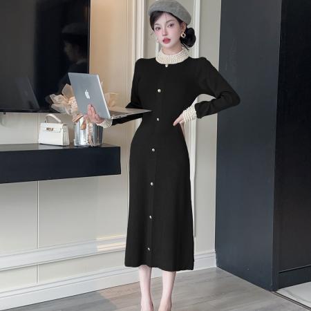 FA54493# 名媛钉珠黑色打底针织长裙大码秋冬法式复古显瘦毛衣连衣裙  服裝批發女裝批發服飾貨源