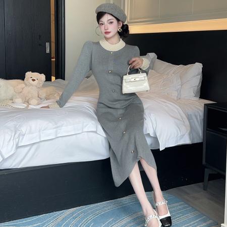 FA54493# 名媛钉珠黑色打底针织长裙大码秋冬法式复古显瘦毛衣连衣裙  服裝批發女裝批發服飾貨源