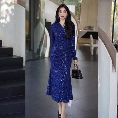 FA54495# 连衣裙秋新款女重要场合气质纯色亮片鱼尾礼服高端轻奢高级感  服裝批發女裝批發服飾貨源