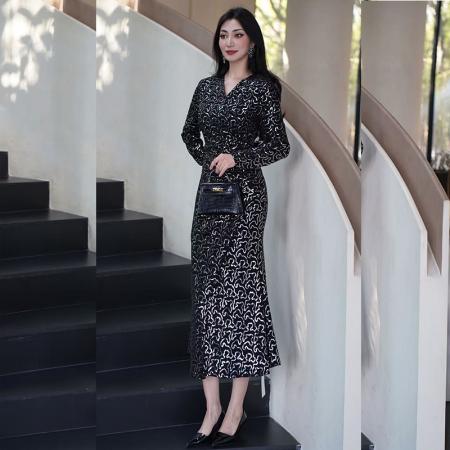 FA54495# 连衣裙秋新款女重要场合气质纯色亮片鱼尾礼服高端轻奢高级感  服裝批發女裝批發服飾貨源