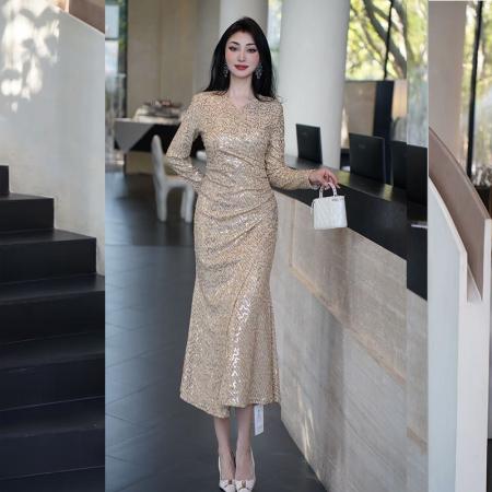 FA54495# 连衣裙秋新款女重要场合气质纯色亮片鱼尾礼服高端轻奢高级感  服裝批發女裝批發服飾貨源