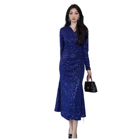 FA54495# 连衣裙秋新款女重要场合气质纯色亮片鱼尾礼服高端轻奢高级感  服裝批發女裝批發服飾貨源