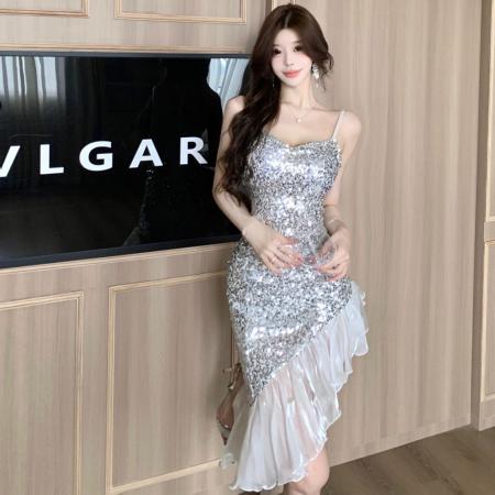 FA54496# 法式轻奢名媛御姐风高级感亮片礼服裙修身包臀鱼尾吊带连衣裙  服裝批發女裝批發服飾貨源