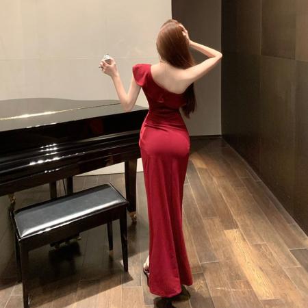 FA54500# 名媛高端单肩透视网纱露腰高开叉晚礼服性感气场夜店轻奢长裙  服裝批發女裝批發服飾貨源