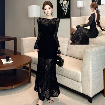 FA54501# 纯欲风一字领大露背蕾丝连衣裙秋冬气质修身显瘦微透过膝长裙  服裝批發女裝批發服飾貨源