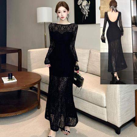 FA54501# 纯欲风一字领大露背蕾丝连衣裙秋冬气质修身显瘦微透过膝长裙  服裝批發女裝批發服飾貨源