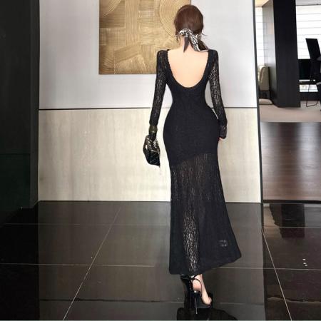 FA54501# 纯欲风一字领大露背蕾丝连衣裙秋冬气质修身显瘦微透过膝长裙  服裝批發女裝批發服飾貨源