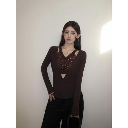 FA54503# 辣妹V领镂空亮片拼接假两件长袖修身显瘦磨毛内搭打底衫  服裝批發女裝批發服飾貨源