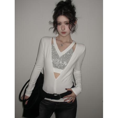 FA54503# 辣妹V领镂空亮片拼接假两件长袖修身显瘦磨毛内搭打底衫  服裝批發女裝批發服飾貨源