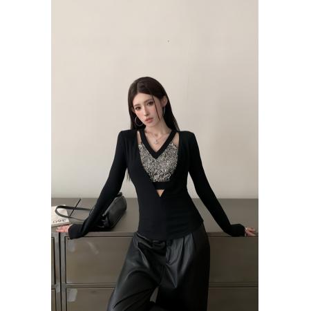 FA54503# 辣妹V领镂空亮片拼接假两件长袖修身显瘦磨毛内搭打底衫  服裝批發女裝批發服飾貨源