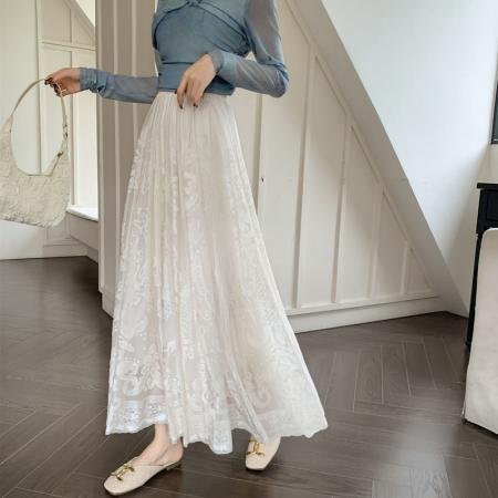 FA54504# 设计感提花刺绣半身裙新款韩版高腰A字裙中长蕾丝气质大摆裙  服裝批發女裝批發服飾貨源