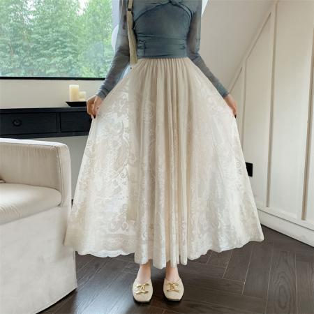 FA54504# 设计感提花刺绣半身裙新款韩版高腰A字裙中长蕾丝气质大摆裙  服裝批發女裝批發服飾貨源