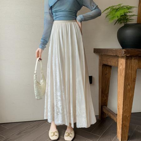 FA54504# 设计感提花刺绣半身裙新款韩版高腰A字裙中长蕾丝气质大摆裙  服裝批發女裝批發服飾貨源