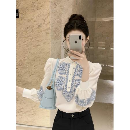 FA54507# 法式小资白色印花衬衫女春巨好看独特漂亮气质高端宫廷风上衣  服裝批發女裝批發服飾貨源