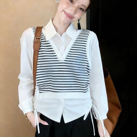 FA54508# 假两件条纹拼接衬衫女新款韩版春季气质POLO领抽绳上衣小衫  服裝批發女裝批發服飾貨源