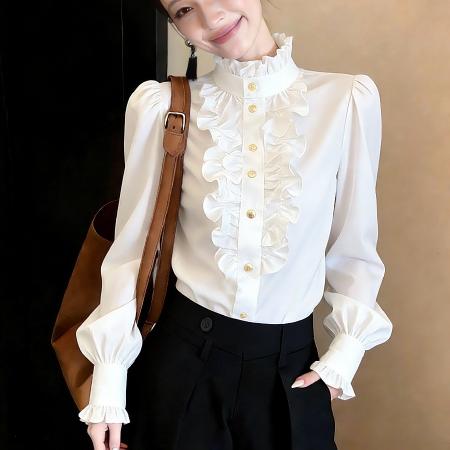 FA54509# 春季新款欧货高级感千金风时尚百搭显瘦白色立领木耳边衬衫女  服裝批發女裝批發服飾貨源