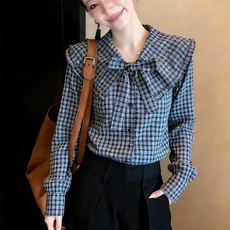 FA54510# 春季新款法式长袖上衣女设计感小众娃娃领蝴蝶结格子衬衫  服裝批發女裝批發服飾貨源
