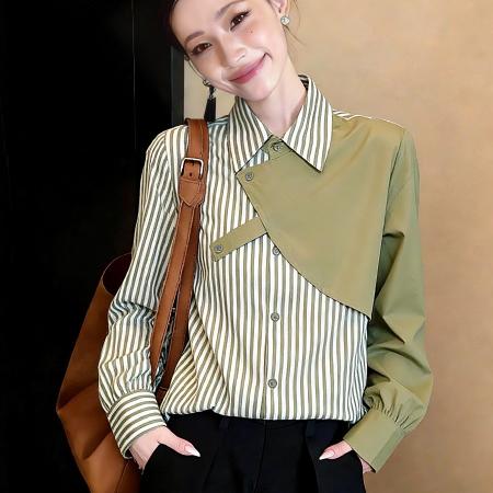 FA54511# 春新港风复古高级绿色衬衫女上衣长袖假两件设计拼接条纹  服裝批發女裝批發服飾貨源