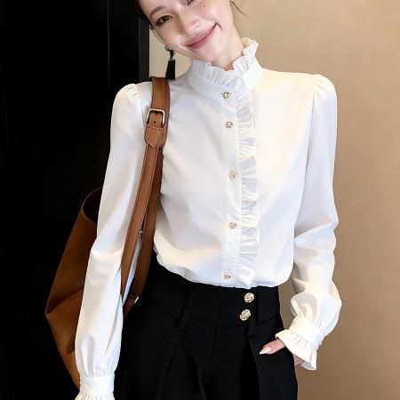 FA54512# 法式立领荷叶边蕾丝雪纺衬衫洋气别致木耳边高领微透喇叭袖上衣  服裝批發女裝批發服飾貨源