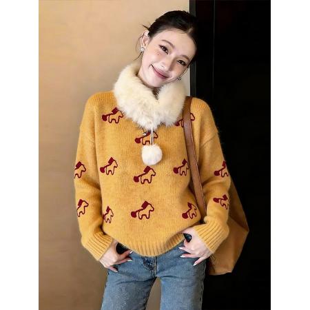 FA54514# 黄色毛领小马提花针织衫毛衣女冬季新款设计感超好看套头上衣  服裝批發女裝批發服飾貨源