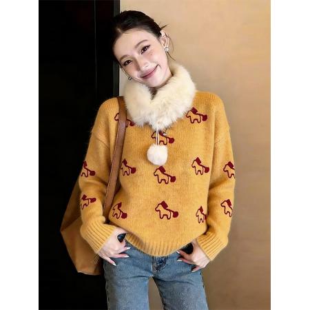 FA54514# 黄色毛领小马提花针织衫毛衣女冬季新款设计感超好看套头上衣  服裝批發女裝批發服飾貨源