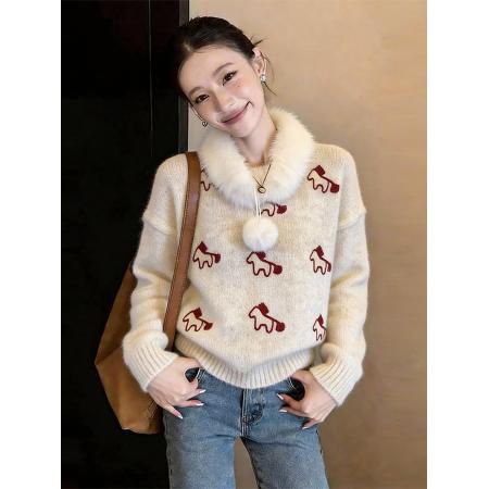 FA54514# 黄色毛领小马提花针织衫毛衣女冬季新款设计感超好看套头上衣  服裝批發女裝批發服飾貨源