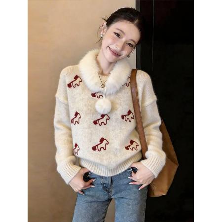 FA54514# 黄色毛领小马提花针织衫毛衣女冬季新款设计感超好看套头上衣  服裝批發女裝批發服飾貨源