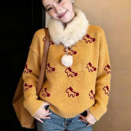 FA54514# 黄色毛领小马提花针织衫毛衣女冬季新款设计感超好看套头上衣  服裝批發女裝批發服飾貨源