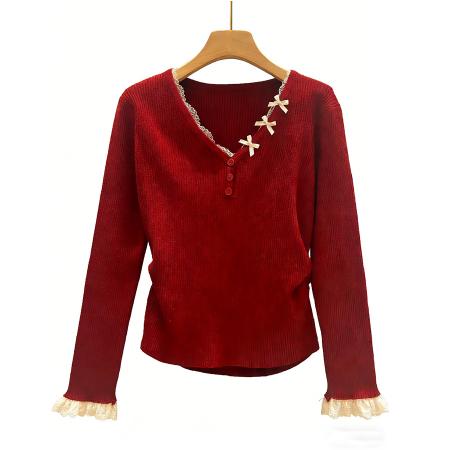 FA54515# 温柔风复古红色蕾丝拼接针织衫女春秋新款新年穿搭显白上衣服  服裝批發女裝批發服飾貨源