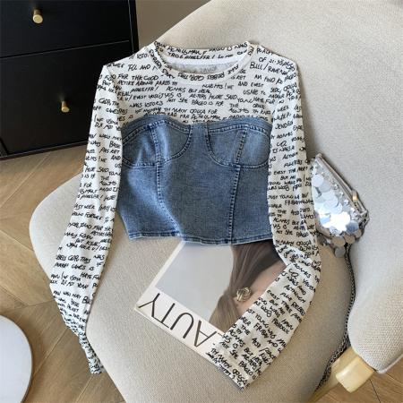 FA54518# 甜酷辣妹短款牛仔网纱拼接上衣女长袖t恤小衫  服裝批發女裝批發服飾貨源