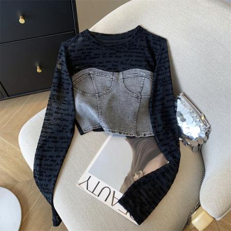 FA54518# 甜酷辣妹短款牛仔网纱拼接上衣女长袖t恤小衫  服裝批發女裝批發服飾貨源