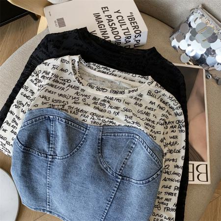 FA54518# 甜酷辣妹短款牛仔网纱拼接上衣女长袖t恤小衫  服裝批發女裝批發服飾貨源