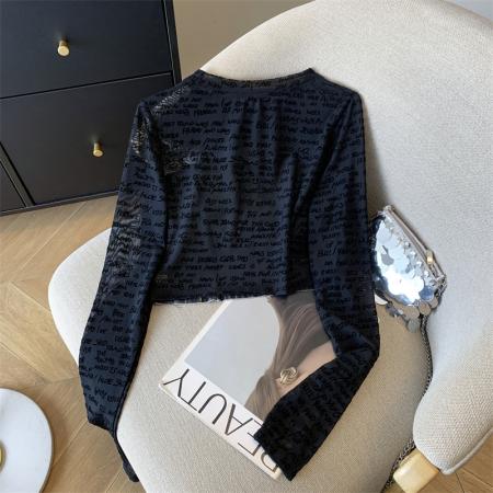 FA54518# 甜酷辣妹短款牛仔网纱拼接上衣女长袖t恤小衫  服裝批發女裝批發服飾貨源