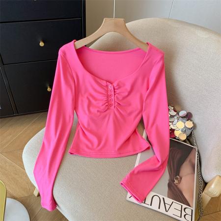 FA54519# 辣妹风纯欲短款方领上衣女短款修身t恤  服裝批發女裝批發服飾貨源