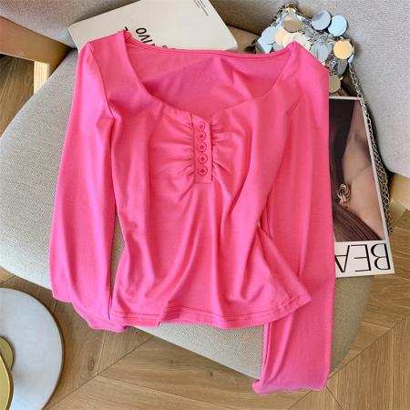 FA54519# 辣妹风纯欲短款方领上衣女短款修身t恤  服裝批發女裝批發服飾貨源