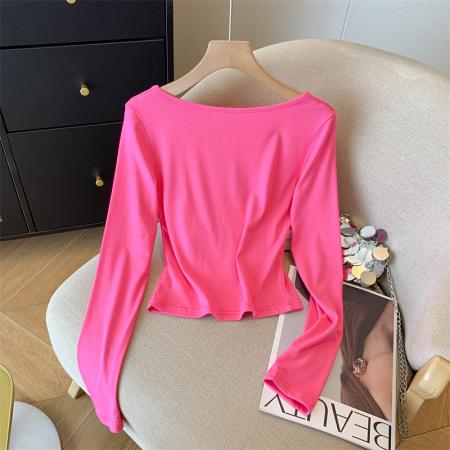 FA54519# 辣妹风纯欲短款方领上衣女短款修身t恤  服裝批發女裝批發服飾貨源