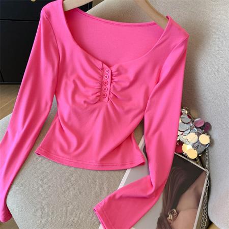 FA54519# 辣妹风纯欲短款方领上衣女短款修身t恤  服裝批發女裝批發服飾貨源