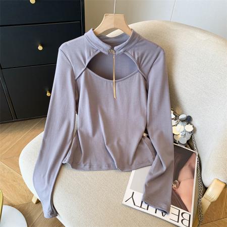 FA54520# 复古纯欲风性感链条上衣春季设计感显瘦半高领t恤  服裝批發女裝批發服飾貨源