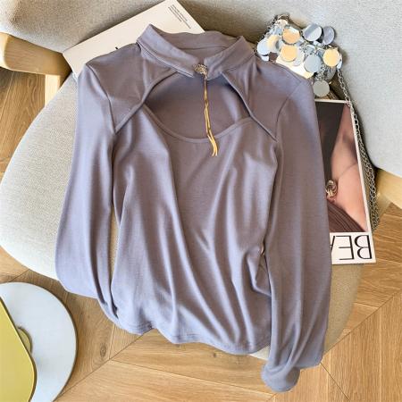 FA54520# 复古纯欲风性感链条上衣春季设计感显瘦半高领t恤  服裝批發女裝批發服飾貨源