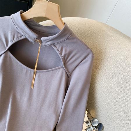 FA54520# 复古纯欲风性感链条上衣春季设计感显瘦半高领t恤  服裝批發女裝批發服飾貨源