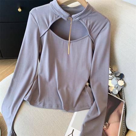 FA54520# 复古纯欲风性感链条上衣春季设计感显瘦半高领t恤  服裝批發女裝批發服飾貨源