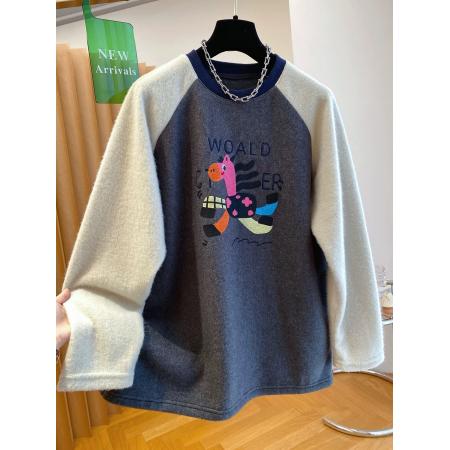 FA54521# 原版德绒特大码300斤韩系磨毛t恤女春秋冬长袖新款宽松减龄上衣潮  服裝批發女裝批發服飾貨源