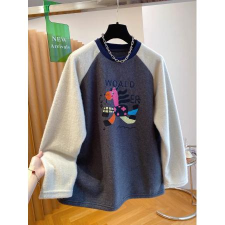 FA54521# 原版德绒特大码300斤韩系磨毛t恤女春秋冬长袖新款宽松减龄上衣潮  服裝批發女裝批發服飾貨源