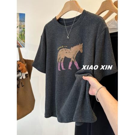 FA54523# 原版螺纹德绒大码300斤韩系磨毛短袖T恤女早春印花宽松半袖上衣潮  服裝批發女裝批發服飾貨源