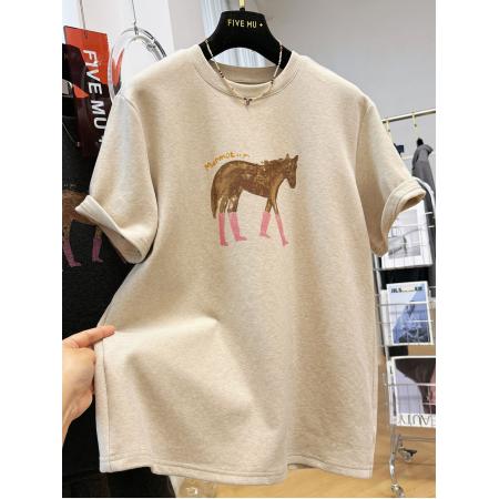 FA54523# 原版螺纹德绒大码300斤韩系磨毛短袖T恤女早春印花宽松半袖上衣潮  服裝批發女裝批發服飾貨源