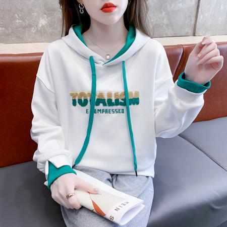 FA54525# 秋新款连帽绣花卫衣女时尚宽松拼色假两件外套上衣  服裝批發女裝批發服飾貨源